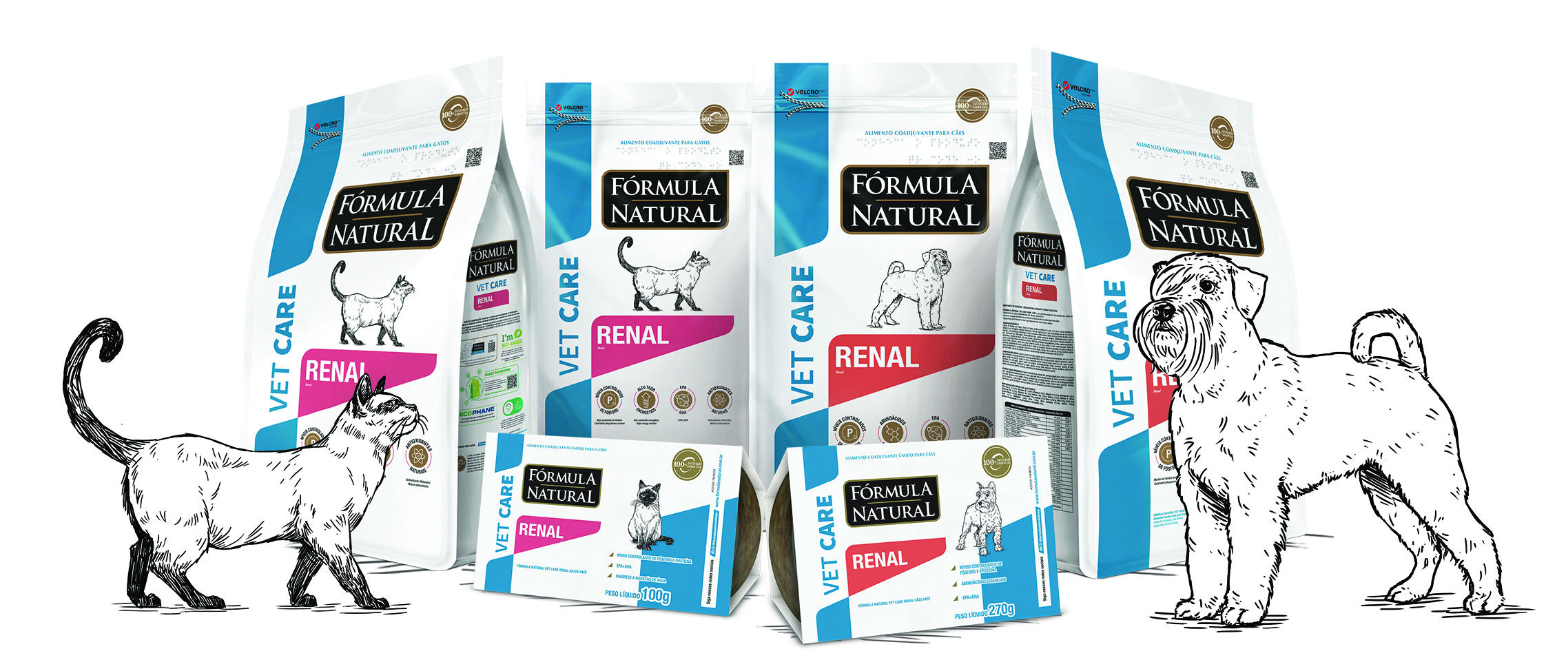 Fórmula Natural Vet Care Renal Cães tem duas versões de peso disponíveis: uma de 2 kg e outra de 10 kg. A opção de alimento úmido é altamente palatável, pode ser utilizada como palatabilizante para pacientes com apetite seletivo e está disponível na versão de 270 g. Créditos: Divulgação Adimax 