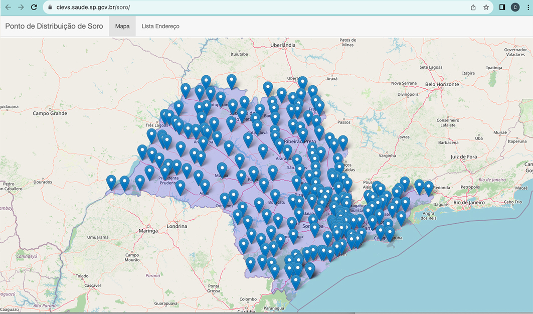 Mapa da rede de distribuição de soros para acidentes com animais peçonhentos no estado de São Paulo 