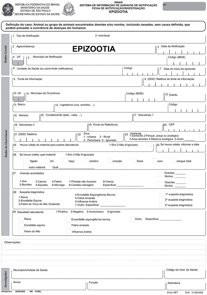 Figura 2 – Modelo da ficha individual de notificação do Sistema de Informação de Agravos de Notificação (Sinan)