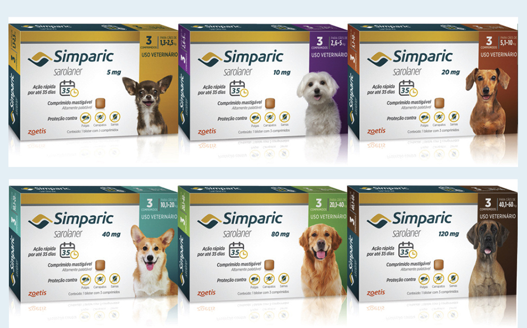 Simparic (sarolaner) oferece apresentações contendo um e três comprimidos por embalagem.
Foi desenvolvido para cães de todos os portes e possui seis diferentes apresentações para cães de 1,3 kg até 60 kg, para que o cão receba sempre a dose ideal, sem exageros. Divulgação Zoetis 