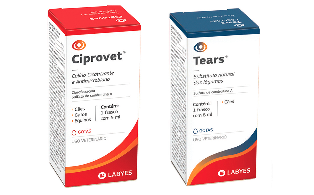 Ciprovet e Tears, produtos da linha oftálmica Labyes com novas embalagens. A composição dos produtos não sofreu nenhuma alteração