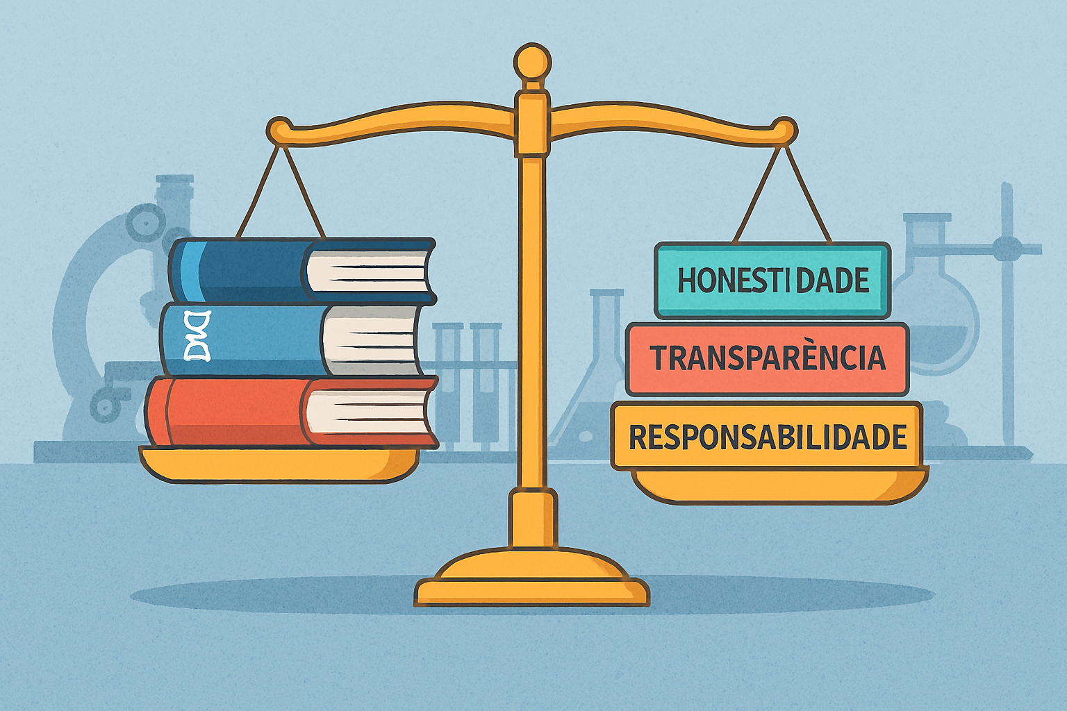 A integridade científica equilibra produção de conhecimento e valores éticos, garantindo confiança e responsabilidade na ciência. Créditos:  Microsoft Copilot 2025 