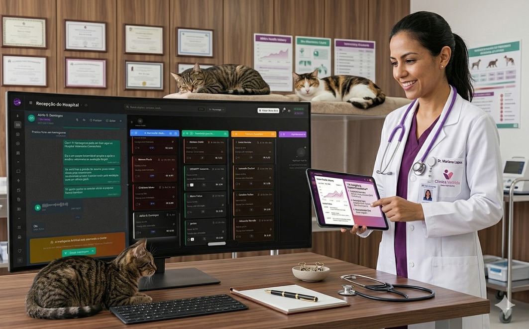Prestar bom serviço ao cliente exige articulação adequada entre o atendimento presencial e o digital, e que os softwares e a IA sejam utilizados como instrumentos auxiliares de uma gestão eficiente, sempre com supervisão humana. Créditos: Chat GPT / ConnectVets 